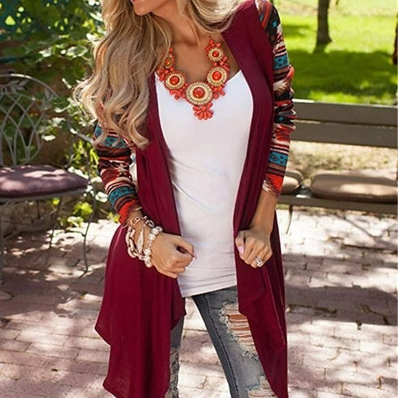Dreagal Tops - Dreagal Top, Layering Topper, Open Front, Burgundy with Aztec Sleeves, Medium